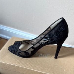 Betsey Johnson Black Lace Peep-Toe Heels